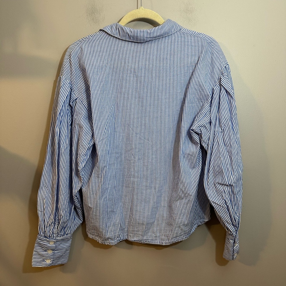 Philosophy brand blue and white striped button-down shirt w/puff sleeves Small - Picture 4 of 8